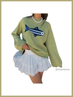 Rib Knit Fish Graphic Sweater Crew Neck Oversized Vintage Pullover